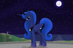 Size: 1800x1200 | Tagged: safe, artist:xodok, princess luna, alicorn, pony, series:ponyashnost, g4, jewelry, lighthouse, looking at you, moon, mountain, night, ocean, smiling, stars, water