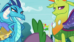 Size: 1918x1080 | Tagged: safe, screencap, princess ember, spike, thorax, changedling, changeling, dragon, g4, season 7, triple threat, dragon wings, dragoness, ember is not amused, eyebrows, female, frown, hand on hip, insect wings, king thorax, male, spread wings, thorax is not amused, trio, unamused, wings