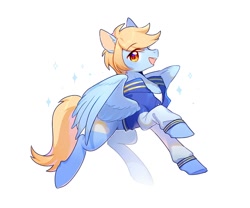 Size: 708x588 | Tagged: safe, artist:dreamsugar, oc, oc only, oc:blue skies, pegasus, pony, clothes, commission, eye clipping through hair, looking at you, male, open mouth, profile, simple background, solo, stallion, white background, wings
