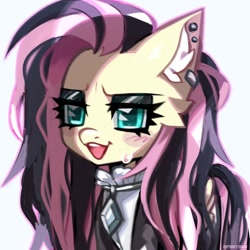 Size: 700x700 | Tagged: safe, artist:pontiikii, fluttershy, pegasus, pony, g4, alternate hairstyle, clothes, ear fluff, ear piercing, earring, emo, eyeshadow, female, fluttergoth, gem, jewelry, lidded eyes, makeup, mare, necklace, open mouth, piercing, simple background, solo, white background
