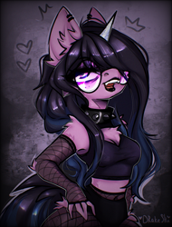 Size: 2480x3266 | Tagged: safe, artist:drakekok, izzy moonbow, unicorn, anthro, g5, black lipstick, choker, cleavage fluff, clothes, collar, ear piercing, female, fishnet stockings, glasses, goth, goth izzy, high res, lipstick, midriff, piercing, shoulder fluff, solo, spiked choker, spiked collar, stockings, thigh highs, thighs