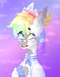 Size: 1280x1636 | Tagged: safe, artist:nikachyy, oc, oc only, hybrid, pony, clothes, crescent moon, crown, eye clipping through hair, jewelry, moon, multicolored hair, rainbow hair, regalia, smiling, solo