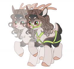 Size: 1280x1205 | Tagged: safe, artist:kusacakusaet, oc, oc only, deer, pony, antlers, bridle, chest fluff, deer oc, deviantart watermark, duo, non-pony oc, obtrusive watermark, raised hoof, simple background, tack, watermark, white background