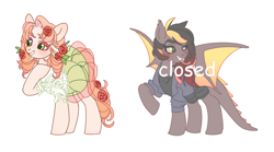 Size: 3000x1665 | Tagged: safe, artist:kusacakusaet, oc, oc only, bat pony, earth pony, pony, bat pony oc, bat wings, clothes, dress, duo, earth pony oc, female, flower, flower in hair, mare, rose, simple background, white background, wings