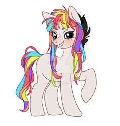 Size: 1280x1346 | Tagged: safe, artist:kusacakusaet, oc, oc only, earth pony, pony, deviantart watermark, earth pony oc, female, grin, mare, obtrusive watermark, raised hoof, simple background, smiling, solo, watermark, white background