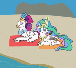Size: 2136x1922 | Tagged: safe, artist:supahdonarudo, princess celestia, queen novo, alicorn, classical hippogriff, hippogriff, pony, g4, my little pony: the movie, atg 2022, beach, beach towel, coconut cup, duo, levitation, lying down, magic, newbie artist training grounds, ocean, prone, relaxing, telekinesis, water