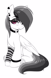 Size: 1982x3000 | Tagged: safe, artist:ask-colorsound, rainbow dash, pegasus, pony, g4, choker, ear piercing, emo, eyebrows, eyebrows visible through hair, eyeshadow, female, hair over one eye, heart, heartbreak, hoof heart, looking at you, makeup, mare, partial color, piercing, simple background, sitting, solo, white background