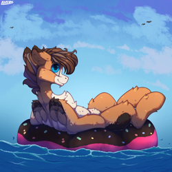 Size: 4000x4000 | Tagged: safe, artist:avery-valentine, oc, oc only, bird, pegasus, pony, blue eyes, blue sky, colored wings, floating, floaty, folded wings, inner tube, looking at you, multicolored hair, multicolored mane, multicolored wings, ocean, pool toy, relaxed, relaxing, sky, smiling, smiling at you, spread legs, spreading, summer, sunbathing, vacation, water, wings