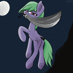 Size: 2000x2000 | Tagged: safe, artist:starfall119, oc, oc only, earth pony, pony, butt, high res, moon, mouth hold, night, plot, simple background, solo, sword, tail, tail wrap, weapon