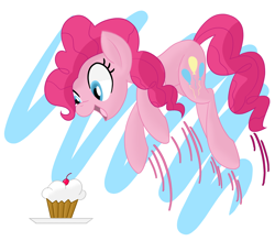 Size: 2250x1972 | Tagged: safe, artist:notadeliciouspotato, pinkie pie, earth pony, pony, g4, atg 2022, cupcake, cute, diapinkes, female, food, jumping, mare, motion lines, newbie artist training grounds, open mouth, open smile, smiling, solo