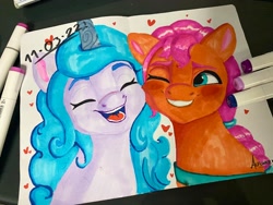 Size: 2048x1536 | Tagged: safe, artist:alfunezart, izzy moonbow, sunny starscout, earth pony, pony, unicorn, g5, 2020, eyes closed, happy, heart, marker drawing, markers, one eye closed, smiling, traditional art
