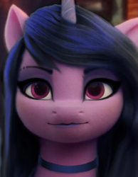 Size: 405x522 | Tagged: safe, edit, edited screencap, screencap, izzy moonbow, unicorn, g5, my little pony: a new generation, alternate hairstyle, black mane, bust, collar, editor needed, eyeshadow, goth, goth izzy, looking at you, makeup, solo