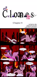 Size: 1042x2147 | Tagged: safe, artist:dendoctor, mean twilight sparkle, twilight sparkle, alicorn, pony, comic:clone.., g4, alternate universe, clone, comic, energy sword, female, fire, glowing, glowing horn, horn, magic, movie reference, self paradox, self ponidox, star wars, star wars: revenge of the sith, tree, twilight sparkle (alicorn), weapon