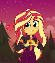 Size: 6000x6843 | Tagged: safe, artist:n0kkun, sunset shimmer, human, equestria girls, g4, belt, blushing, clothes, cloud, cute, denim, female, grin, heart, heart hands, jacket, jeans, leather, leather jacket, looking at you, pants, shimmerbetes, show accurate, sky, smiling, solo, tree