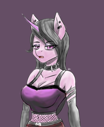 Size: 1400x1700 | Tagged: safe, artist:zachc, izzy moonbow, unicorn, anthro, g5, alternate hairstyle, breasts, cleavage, clothes, collar, ear piercing, evening gloves, female, fishnet clothing, gloves, goth, goth izzy, long gloves, piercing, simple background, solo