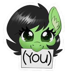 Size: 870x900 | Tagged: safe, artist:taytinabelle, derpibooru exclusive, oc, oc:filly anon, earth pony, pony, (you), bust, ear fluff, female, filly, looking at you, mare, mouth hold, sign, simple background, smiling, solo, transparent background