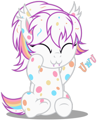 Size: 2930x3660 | Tagged: safe, artist:strategypony, oc, oc only, oc:confetti cupcake, bat pony, pony, :3, bat pony oc, confetti, cute, cute little fangs, daaaaaaaaaaaw, ear tufts, eyes closed, fangs, female, filly, foal, high res, hoof on cheek, hoof on face, multicolored mane, multicolored tail, ocbetes, polka dots, simple background, sitting, solo, tail, transparent background, uwu, younger