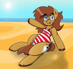 Size: 1526x1427 | Tagged: safe, artist:n-o-n, oc, oc only, oc:pencil test, earth pony, pony, succubus, beach, clothes, dot eyes, earth pony oc, fat, female, glasses, one-piece swimsuit, smiling, solo, swimsuit, thick eyebrows, waving