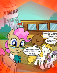 Size: 430x545 | Tagged: safe, artist:madmax, edit, mayor mare, surprise, sweetie belle, earth pony, pegasus, pony, unicorn, g1, g4, adoraprise, cropped, cute, dialogue, diasweetes, eyes closed, female, filly, foal, g1 to g4, generation leap, giggling, glasses, horn, mare, mayorable, non-dyed mayor, smiling, soylent green, speech bubble, sweetie bot, text, wings