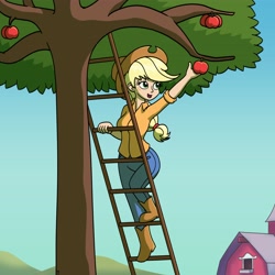 Size: 3840x3840 | Tagged: safe, artist:mkogwheel, applejack, human, g4, apple, apple tree, art trade, barn, cute, female, high res, humanized, jackabetes, ladder, open mouth, open smile, reaching, smiling, solo, tree