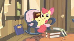 Size: 1334x750 | Tagged: safe, screencap, apple bloom, earth pony, pony, g4, season 4, somepony to watch over me, adorabloom, apple bloom's bow, book, bow, cute, female, filly, foal, hair bow, looking at you