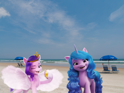 Size: 1920x1440 | Tagged: safe, artist:a-new-generation-in-real-life fan, izzy moonbow, pipp petals, pegasus, pony, unicorn, g5, my little pony: a new generation, cellphone, daytona beach, duo, female, florida, irl, looking at you, mare, open mouth, phone, photo, ponies in real life, smiling, stock render, story included