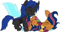 Size: 5000x2692 | Tagged: safe, artist:jhayarr23, oc, oc only, oc:solar comet, oc:swift dawn, changeling, pegasus, pony, bandana, blue changeling, boop, bow, changeling oc, clothes, commission, cute, disguised changedling, duo, eyelashes, eyes closed, fangs, femboy, freckles, frog (hoof), hair bow, male, ocbetes, pegasus oc, scrunchy face, show accurate, simple background, socks, stallion, transparent background, trap, underhoof, wings, ych result