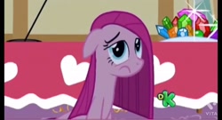 Size: 1280x692 | Tagged: safe, screencap, pinkie pie, earth pony, pony, g4, party of one, discovery kids, discovery kids logo, logo, mouth on side of face, pinkamena diane pie, sad, solo