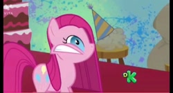 Size: 1280x692 | Tagged: safe, screencap, pinkie pie, earth pony, pony, g4, party of one, discovery kids, discovery kids logo, female, logo, mare, mouth on side of face, pinkamena diane pie, solo