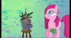 Size: 1280x692 | Tagged: safe, screencap, pinkie pie, earth pony, pony, g4, party of one, discovery kids, discovery kids logo, female, logo, mare, mouth on side of face, pinkamena diane pie, solo