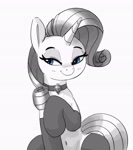 Size: 2437x2756 | Tagged: safe, artist:pabbley, rarity, pony, unicorn, belly button, black and white, choker, clothes, female, grayscale, lidded eyes, mare, monochrome, neo noir, partial color, simple background, smiling, socks, thigh highs, white background