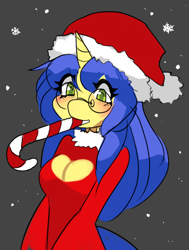 Size: 846x1119 | Tagged: safe, artist:saikoot, oc, oc only, oc:logical leap, anthro, anthro oc, blushing, boob window, breasts, candy, candy cane, christmas, cleavage, female, food, glasses, hat, heart shaped boob window, holiday, mouth hold, round glasses, santa hat, simple background, snow, snowfall, solo, wholesome