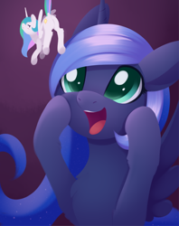 Size: 1778x2247 | Tagged: safe, artist:dusthiel, princess celestia, princess luna, alicorn, pony, g4, atg 2022, butt, duo, micro, newbie artist training grounds, open mouth, open smile, plot, smiling, sunbutt