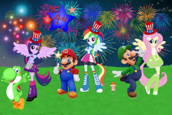 Size: 3000x2000 | Tagged: safe, artist:creaciones-jean, artist:sugar-loop, artist:user15432, fluttershy, rainbow dash, twilight sparkle, alicorn, human, yoshi, equestria girls, g4, 4th of july, barely eqg related, book, crossed arms, crossover, female, firecracker, fireworks, hat, high res, holiday, independence day, looking at you, luigi, luigishy, male, maridash, mario, mariodash, night, pegasus wings, ponied up, sky, sparkler (firework), super mario bros., twilight sparkle (alicorn), wings, yoshilight