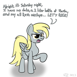 Size: 2000x2000 | Tagged: safe, artist:dafiltafish, derpy hooves, pegasus, pony, g4, atg 2022, female, futurama, high res, male, mare, newbie artist training grounds, quote, rush, simple background, solo, speech bubble, white background