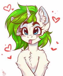 Size: 2500x3000 | Tagged: safe, artist:falafeljake, oc, oc only, oc:vinyl mix, pony, unicorn, :p, blushing, chest fluff, ear fluff, happy, heart, high res, simple background, smiling, solo, tongue out, white background