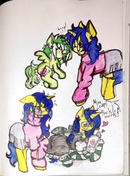 Size: 962x1298 | Tagged: safe, artist:deliriousdel, oc, oc only, oc:katydid, oc:logical leap, pegasus, pony, unicorn, blushing, boop, clothes, glasses, maid, nerd, nerd pony, reading, round glasses, sketchbook, skirt, sweater, traditional art