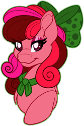 Size: 656x984 | Tagged: safe, artist:thehaywaiianhorse, oc, oc:raspberry slush, earth pony, pony, g4, bedroom eyes, bow, curly hair, eyelashes, hair bow, neckerchief, simple background, sparkly eyes, transparent background, wingding eyes