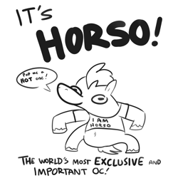 Size: 2250x2250 | Tagged: safe, artist:tjpones, oc, oc:horso, earth pony, pony, belly button, black and white, clothes, grayscale, high res, male, monochrome, shirt, simple background, solo, speech bubble, stallion, white background, wtf