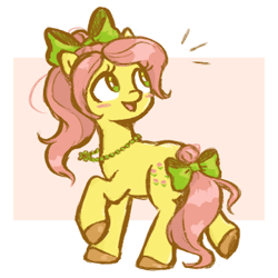 Size: 360x360 | Tagged: safe, artist:fizpup, posey bloom, earth pony, pony, g5, adoraposey, bow, cute, female, hair bow, happy, jewelry, looking back, mare, necklace, open mouth, open smile, ponytail, smiling, solo, tail, tail bow, when she smiles