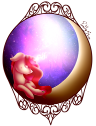 Size: 1291x1681 | Tagged: safe, artist:prettyshinegp, oc, oc only, pony, unicorn, crescent moon, horn, lying down, moon, prone, signature, simple background, unicorn oc, white background