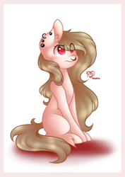 Size: 650x920 | Tagged: safe, artist:prettyshinegp, oc, oc only, earth pony, pony, ear piercing, earring, earth pony oc, eye clipping through hair, female, jewelry, mare, nose piercing, nose ring, piercing, signature, simple background, sitting, white background