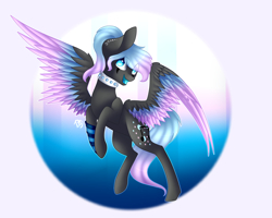 Size: 2000x1600 | Tagged: safe, artist:prettyshinegp, oc, oc only, oc:frosty music, pegasus, pony, choker, eye clipping through hair, female, flying, mare, pegasus oc, signature, smiling, solo, spiked choker