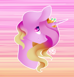 Size: 466x485 | Tagged: safe, artist:prettyshinegp, oc, oc only, pony, unicorn, abstract background, female, grin, horn, mare, signature, smiling, solo, unicorn oc