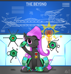 Size: 2009x2100 | Tagged: safe, artist:questionmarkdragon, oc, oc only, earth pony, pony, earth pony oc, high res, one eye closed, salute, signature, smiling, solo, spaceship, wink