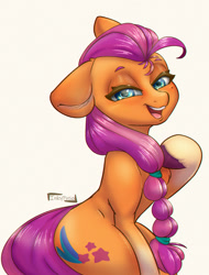 Size: 1200x1579 | Tagged: safe, artist:inkypuso, sunny starscout, earth pony, pony, g5, bedroom eyes, braid, female, mare, signature, slender, smiling, solo, stupid sexy sunny starscout, thin, unshorn fetlocks