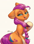 Size: 1200x1579 | Tagged: safe, artist:inkypuso, sunny starscout, earth pony, pony, g5, bedroom eyes, braid, female, mare, signature, smiling, solo, unshorn fetlocks