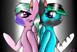 Size: 752x509 | Tagged: safe, artist:kat-the-true-kitkat, oc, oc only, oc:ciel, pegasus, pony, abstract background, duo, pegasus oc, signature, wings