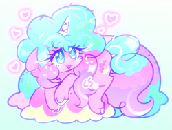 Size: 2031x1536 | Tagged: safe, artist:computershits, oc, oc only, oc:sweet dreams, pony, unicorn, :3, female, food, gradient background, gradient mane, heart, heart eyes, ice cream, ice cream cone, ice cream horn, lying, mare, simple background, sitting, solo, sparkles, sparkly eyes, sparkly mane, sprinkles, unshorn fetlocks, wingding eyes