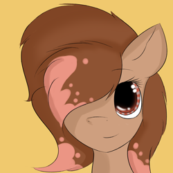 Size: 2000x2000 | Tagged: safe, artist:quickcast, oc, oc only, earth pony, pony, bust, earth pony oc, female, hair over one eye, high res, simple background, smiling, solo, yellow background